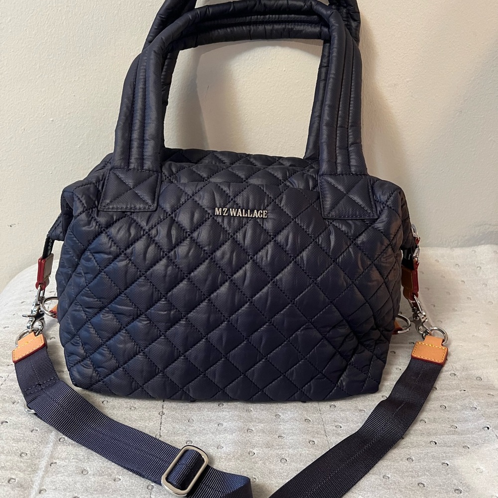 MZ Wallace Quilted Crossbody Bag - Navy with beautiful tan leather accents
